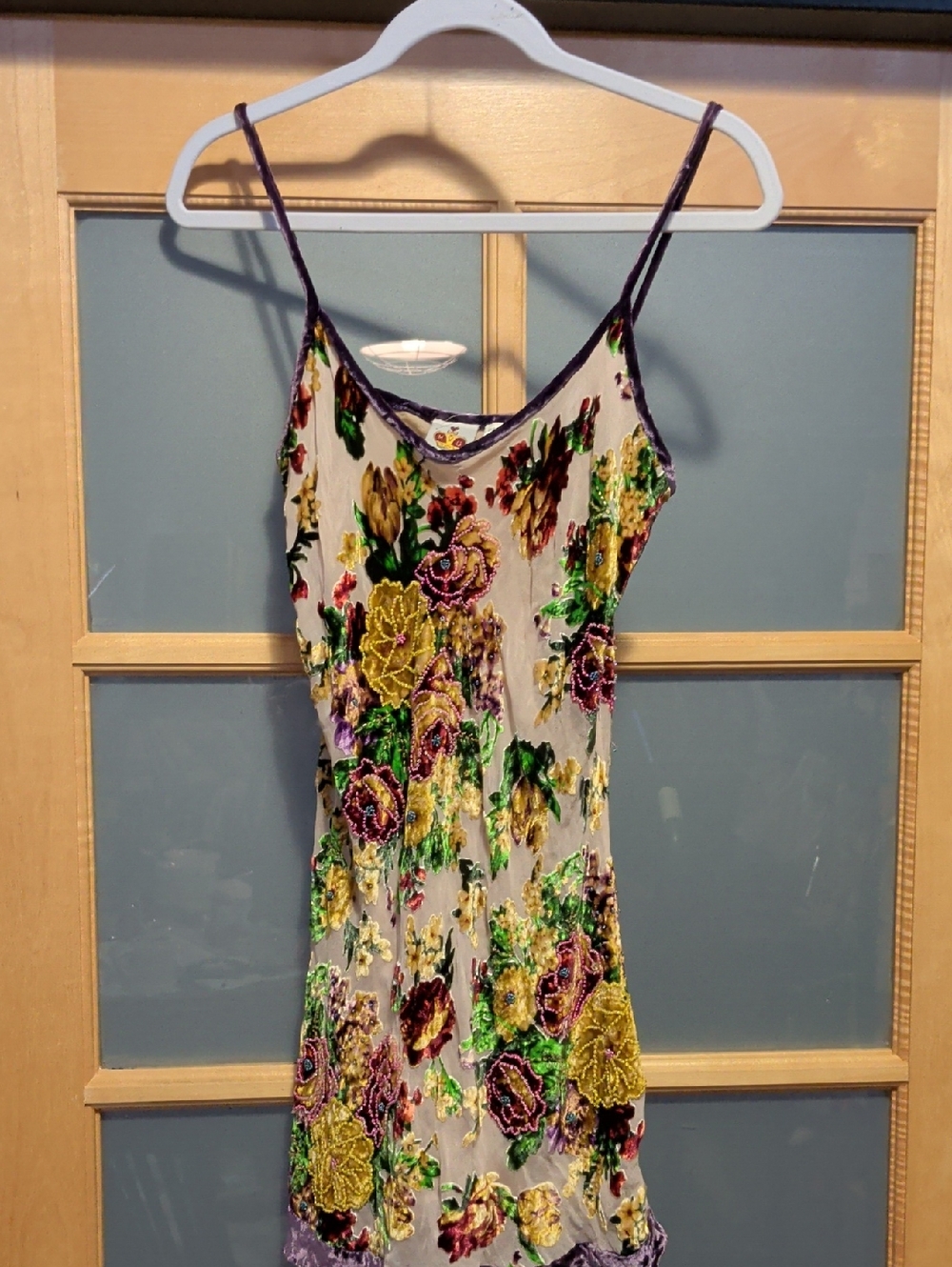 Embroidered Floral Velvet Camisole Dress - Purple, Yellow & Green